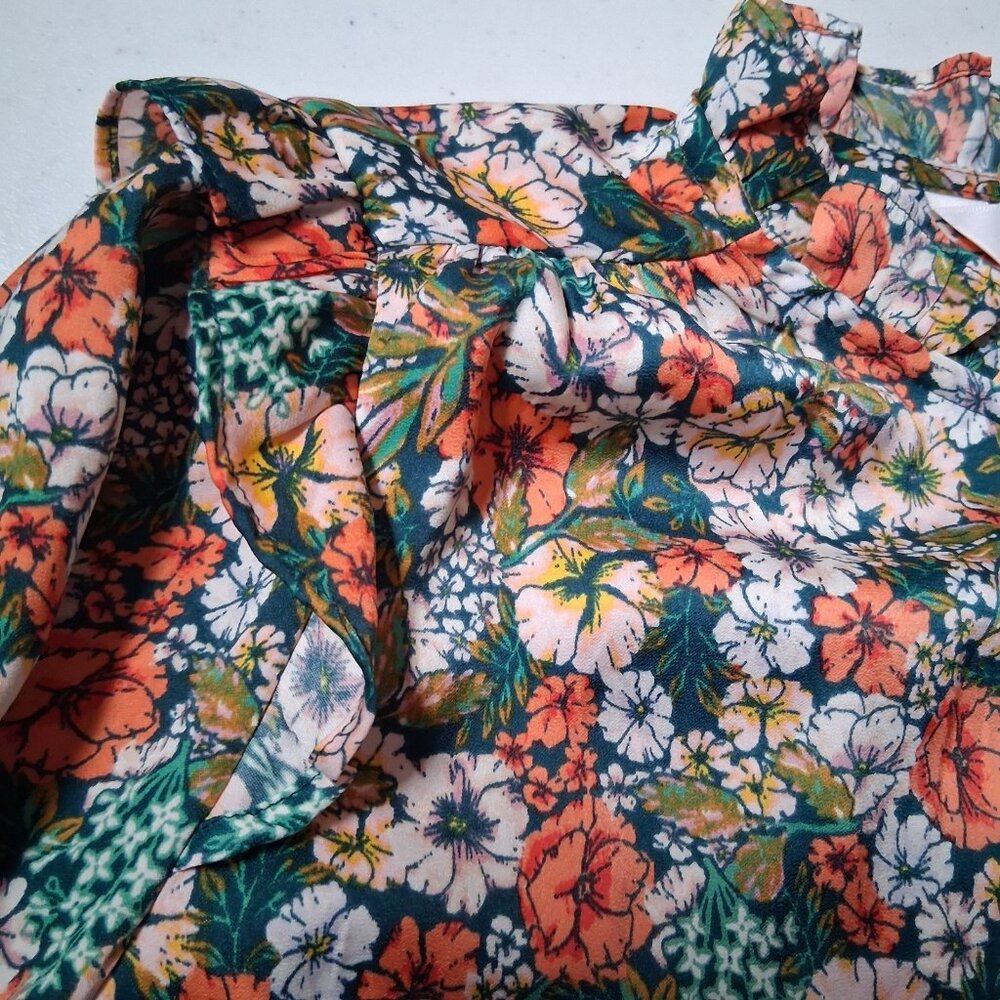 Lauren Conrad Blouse Small Green Peach Floral Button Front Ruffle Country Flower - Picture 12 of 16